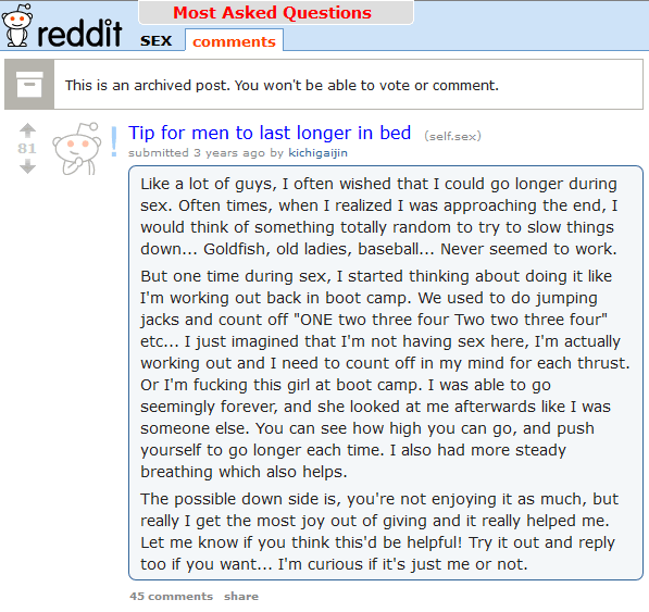 A Reddit user comment on How to last longer in bed